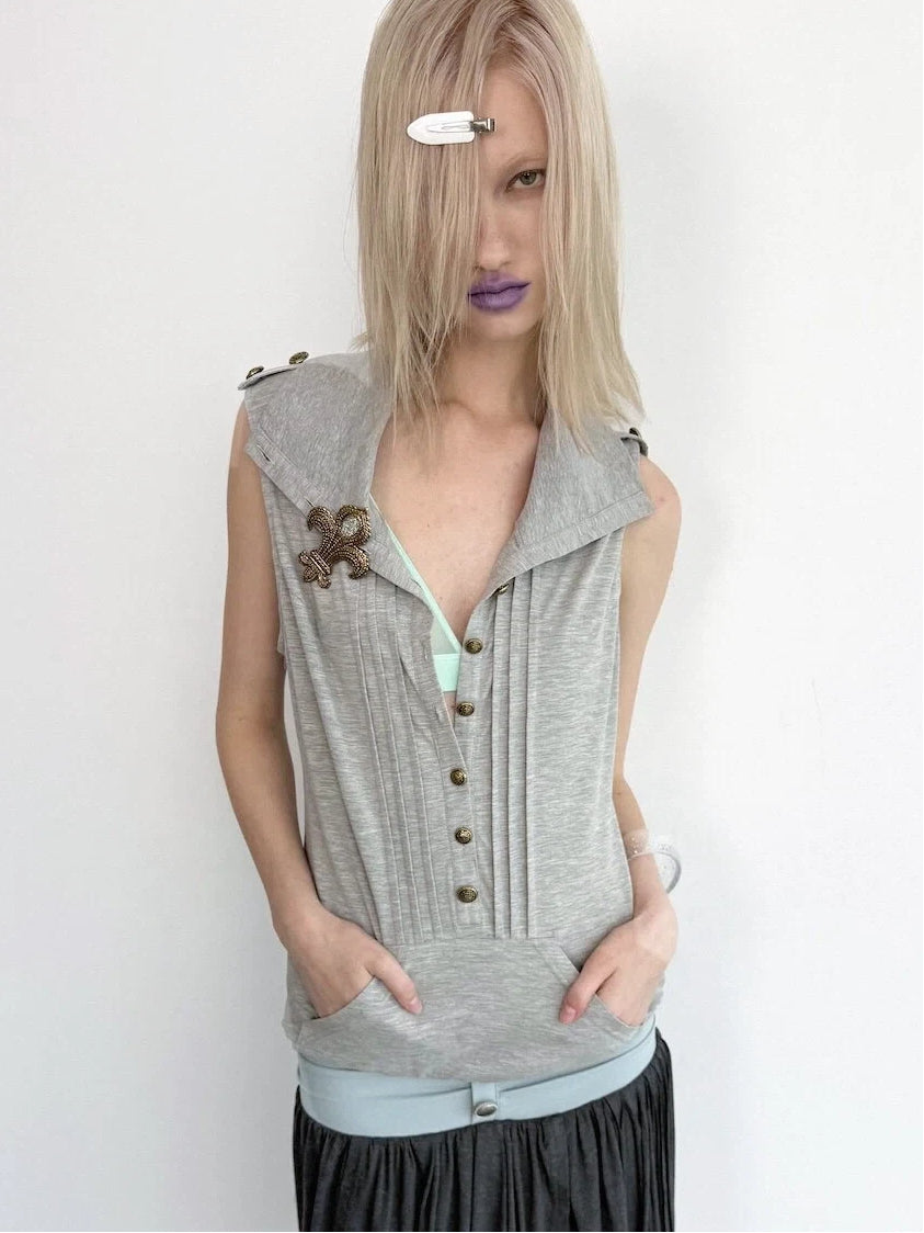 Piqué Sleeveless Top | Grey