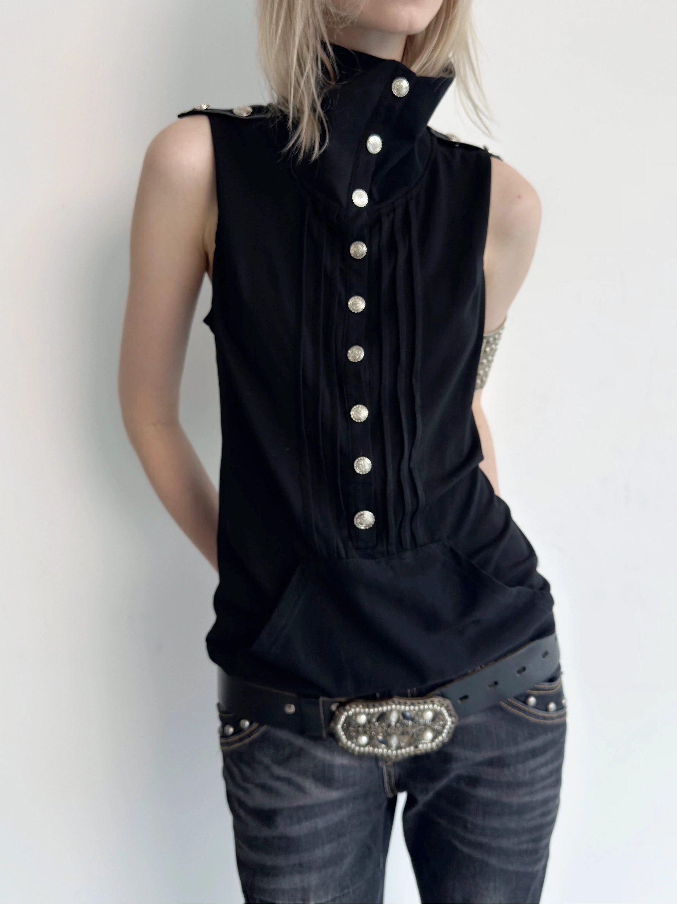 Piqué Sleeveless Top | Black