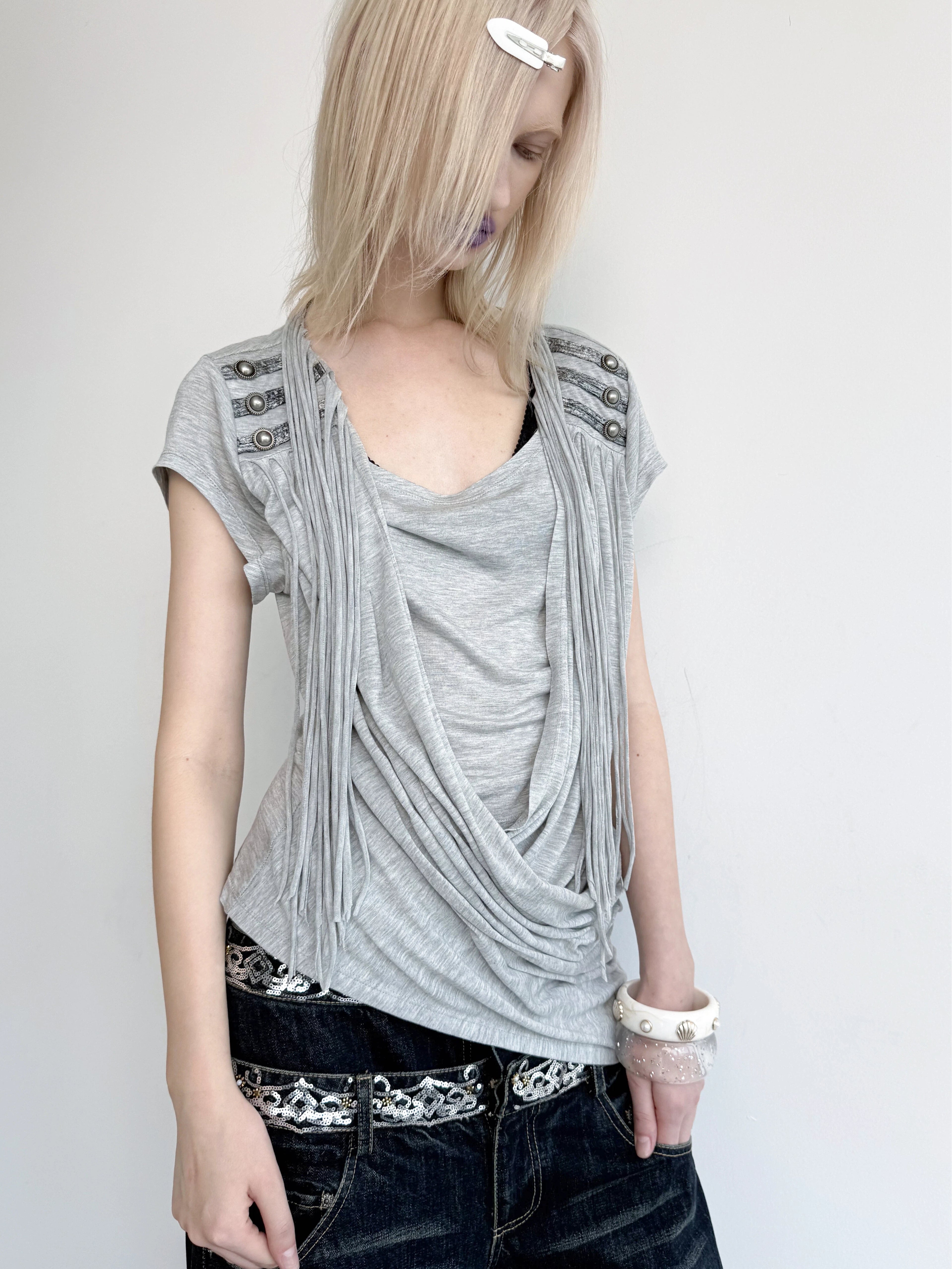 Victory Fringed Draped Top | Grey
