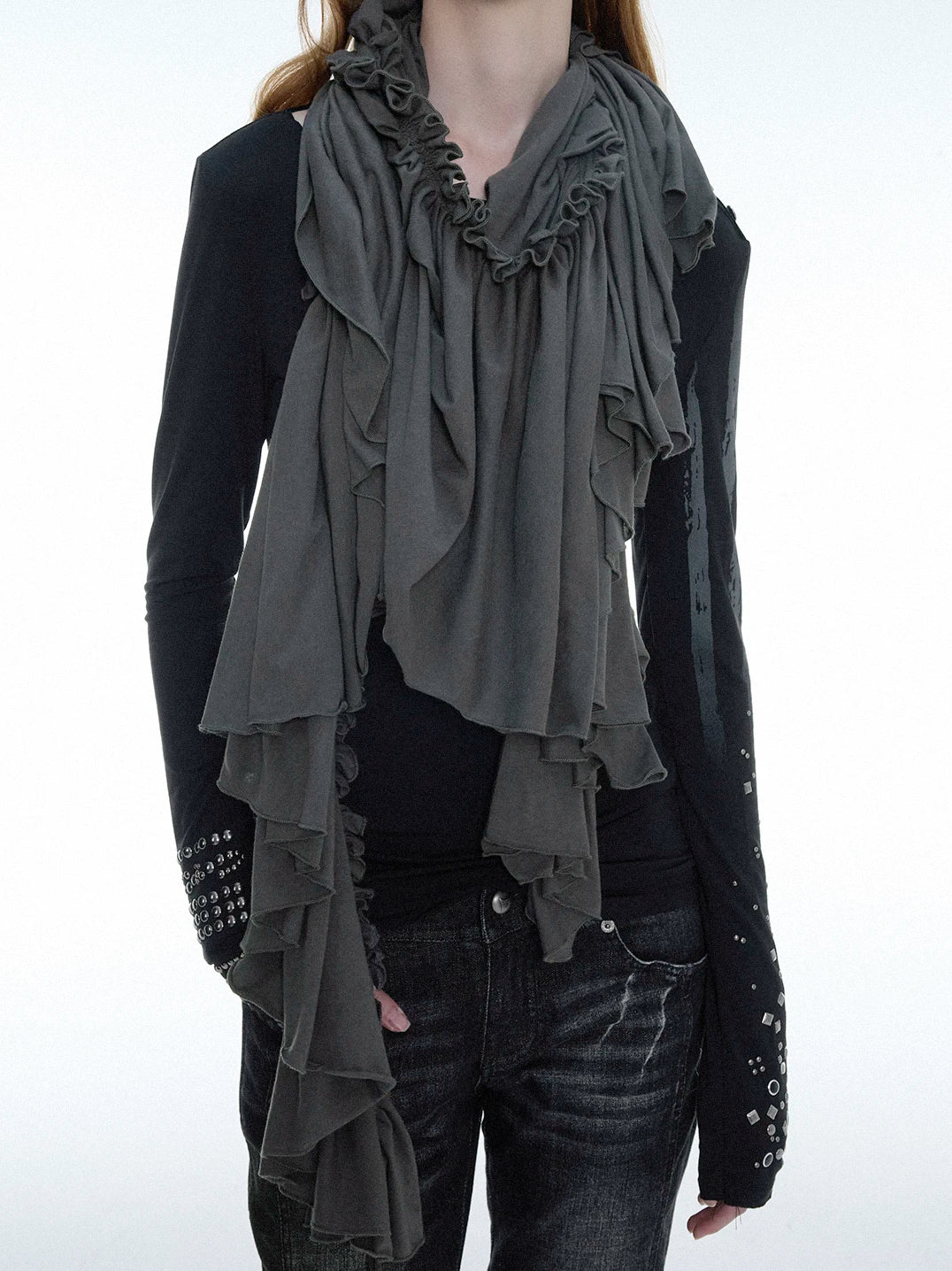 Cotton Ruffled Scarf | Dark Grey