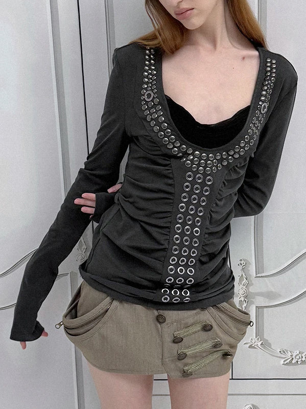 Aegis Studded Top, Long Sleeves | Grey