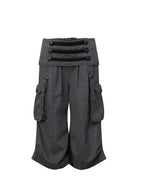 Victory jorts in grey from the Double Punch SS26 'Illusory Victory' collection. Flipped waistband design. Napoleon military jacket inspired double-breasted decorative buttons. Large side pockets. Baggy cargo shorts silhouette. Soft, comfortable 100% cotton fabric.
