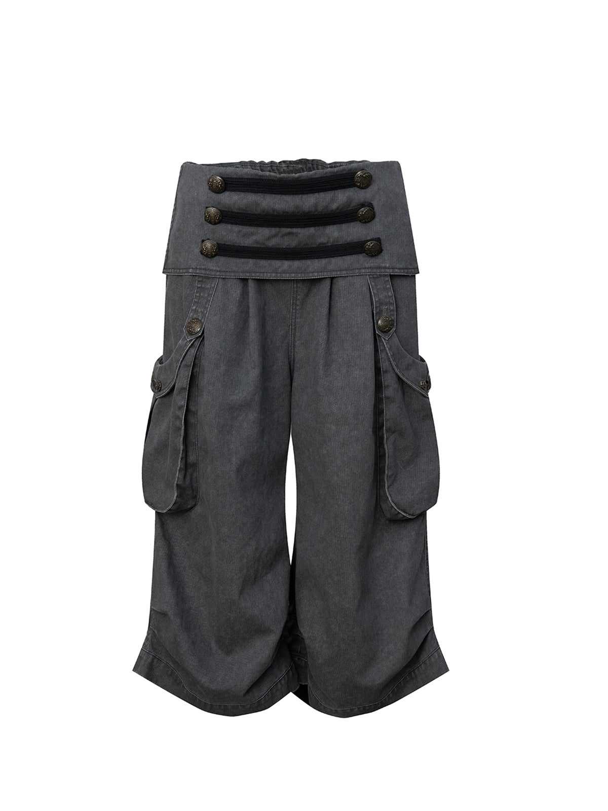 Victory jorts in grey from the Double Punch SS26 'Illusory Victory' collection. Flipped waistband design. Napoleon military jacket inspired double-breasted decorative buttons. Large side pockets. Baggy cargo shorts silhouette. Soft, comfortable 100% cotton fabric.